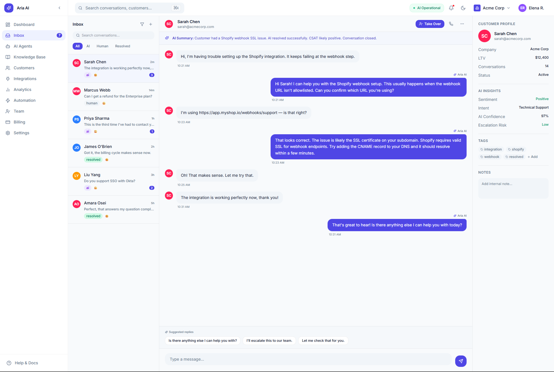 full inbox view with AI assistant panel